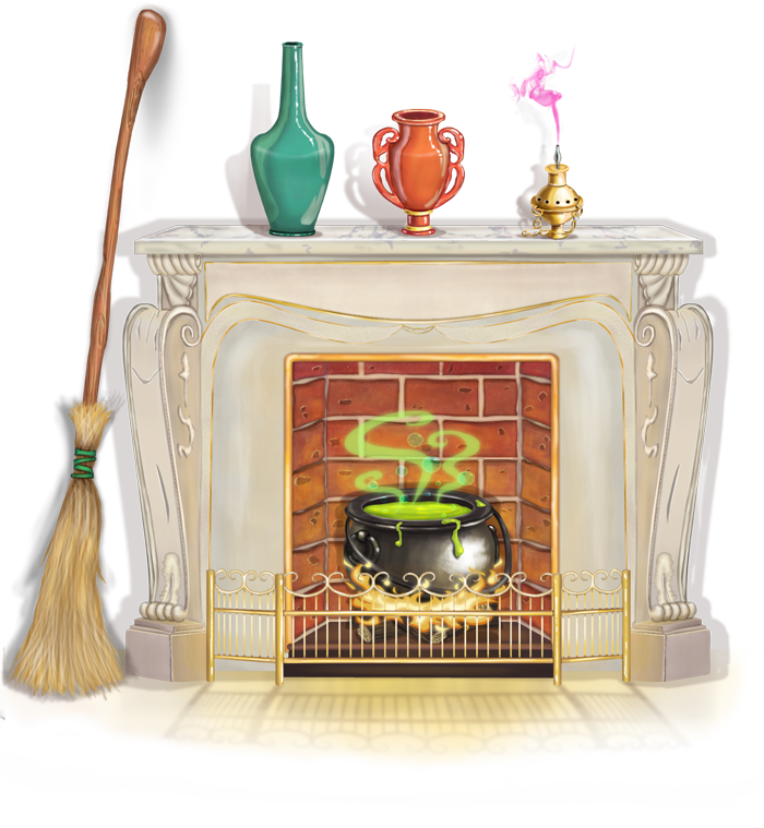 Wizard's fireplace and broom